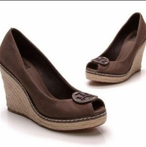 Tory Burch Brown Peep Toe Espadrille Wedge